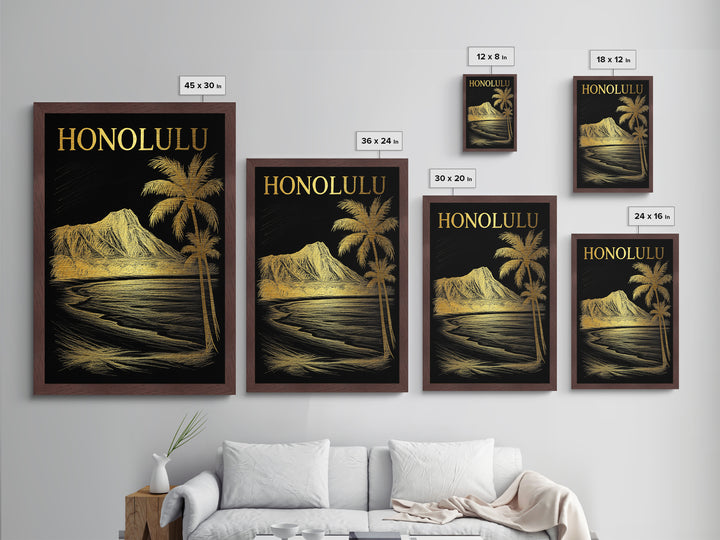 Honolulu Hawaii travel, Metallic Gold Print, Modern Skyline Wall Print, Metal Art, Wood Framed Art, Adventure Lover Gift, Travel Gift