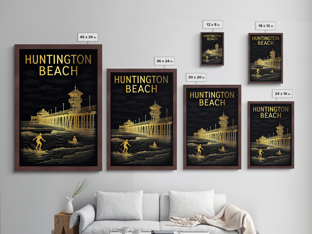 Huntington Beach California travel, Metallic Gold Print, Modern House Art, Metal Art, Wood Framed Art, Wanderlust Gift, Travel Art Prints