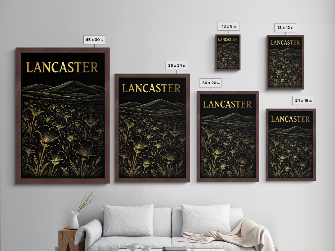 Lancaster California travel, Metallic Gold Print, Modern Skyline Wall Print, Metal Art, Wood Framed Art, Adventure Lover Gift, Travel Gift