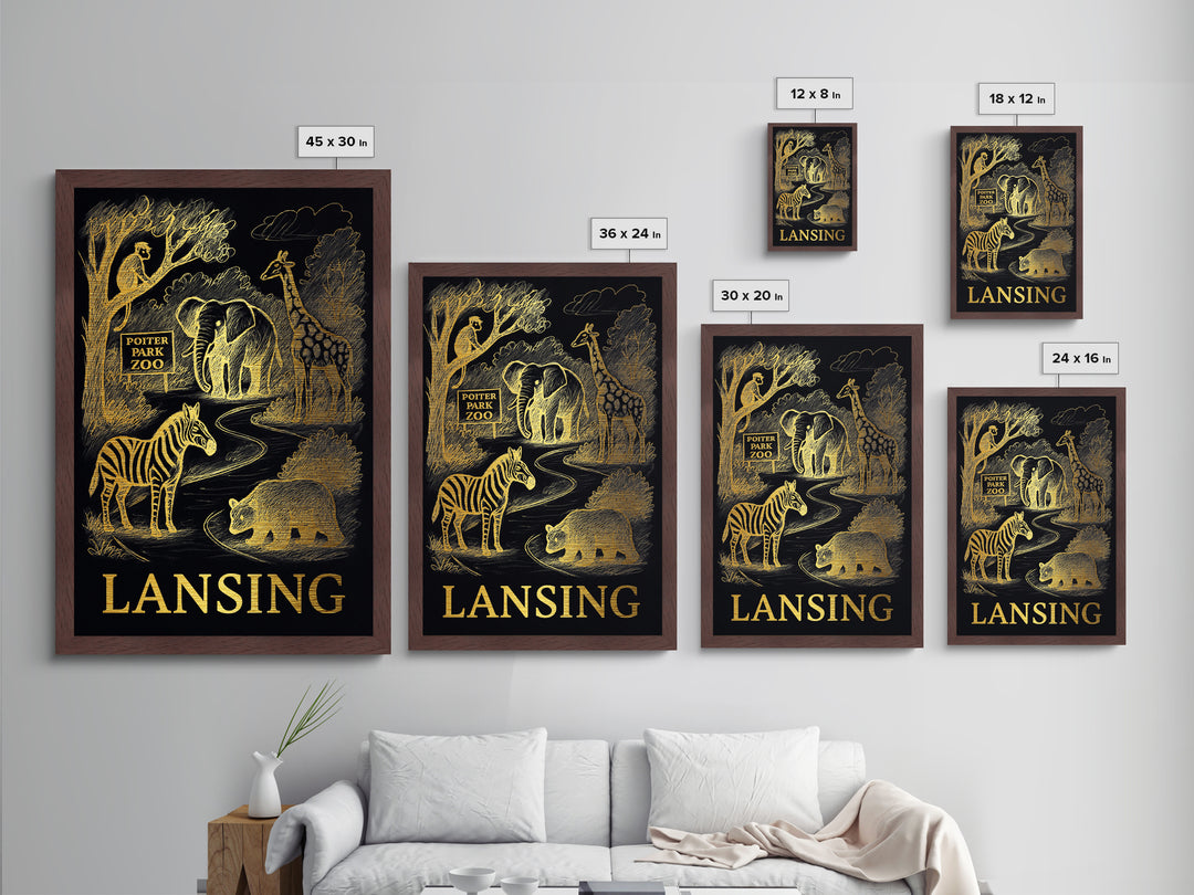 Lansing Michigan art, Metallic Gold Art, Office Decor, Metal Art, Wood Framed Art, Graduation Travel Gift, Destination Gift