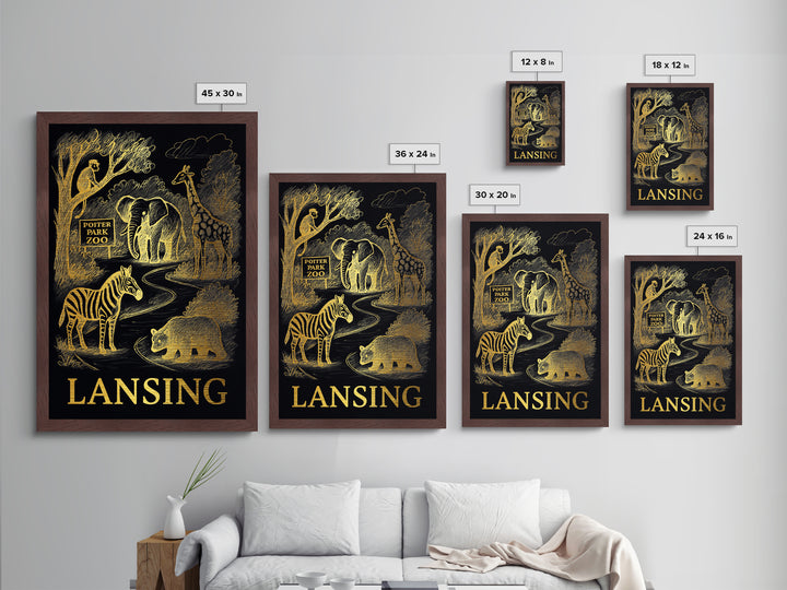 Lansing Michigan art, Metallic Gold Art, Office Decor, Metal Art, Wood Framed Art, Graduation Travel Gift, Destination Gift