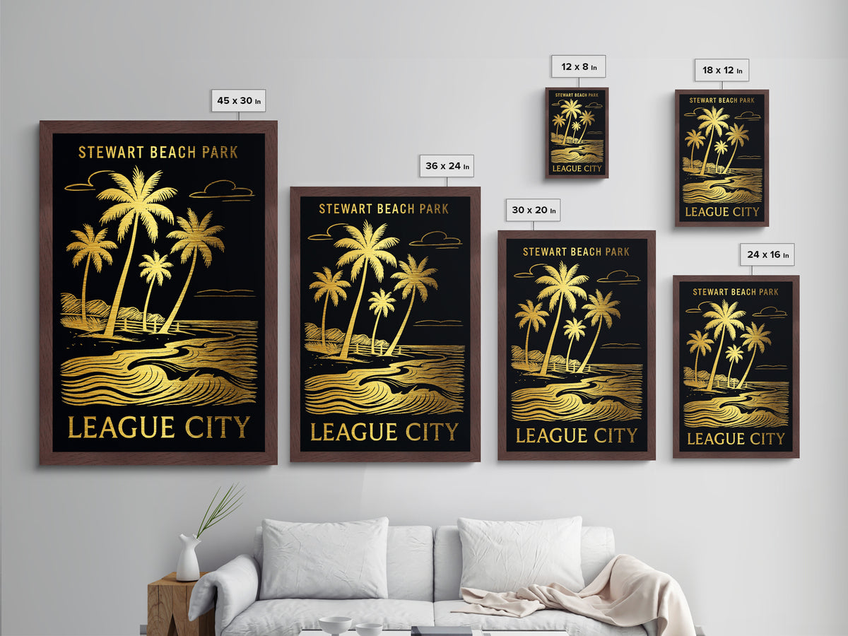 League City Texas art, Metallic Gold Art, Office Decor, Metal Art, Wood Framed Art, Graduation Travel Gift, Destination Gift
