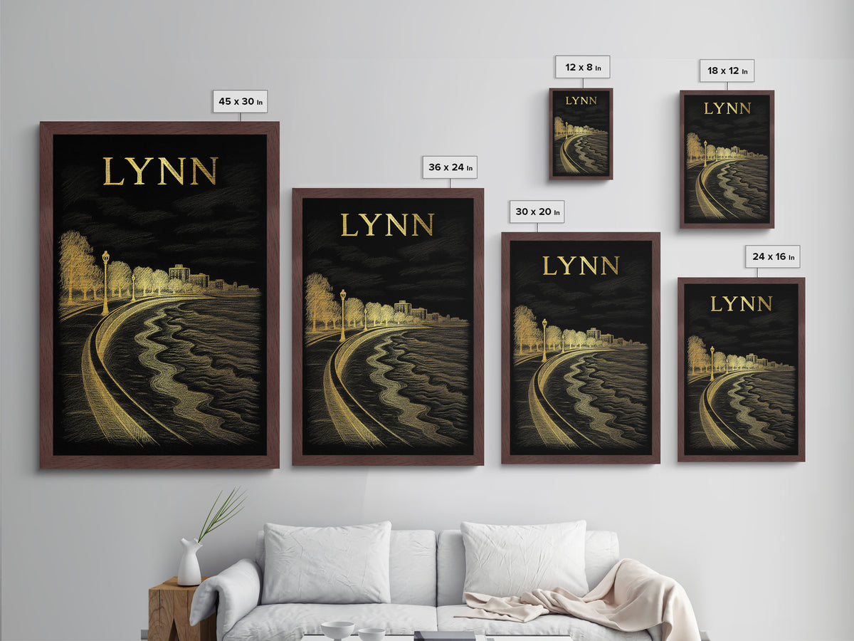 Lynn Massachusetts art, Metallic Gold Art, Modern Skyline Wall Print, Metal Art, Wood Framed Art, Adventure Lover Gift