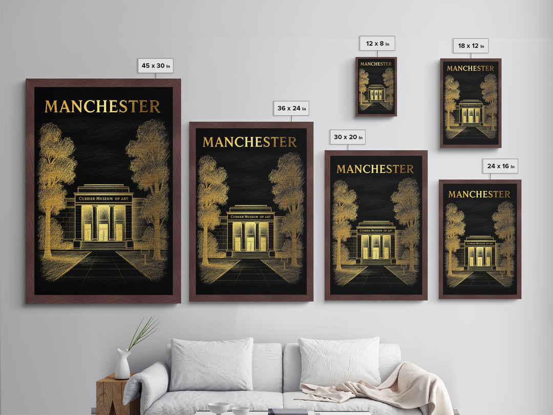 Manchester New Hampshire travel, Metallic Gold Print, Modern House Art, Metal Art, Wood Framed Art, Traveler Gift
