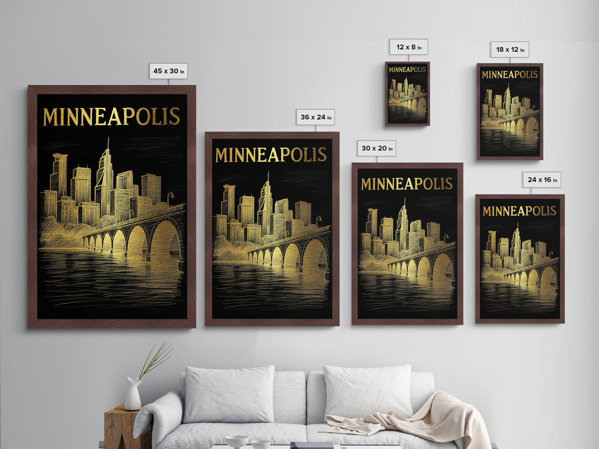 Minneapolis Minnesota travel, Metallic Gold Print, Modern Skyline Wall Print, Metal Art, Wood Framed Art, Adventure Lover Gift