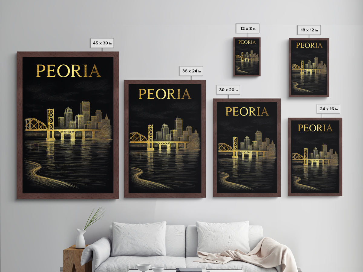 Peoria Illinois art, Metallic Gold Art, Office Decor, Metal Art, Wood Framed Art, Graduation Travel Gift, Destination Gift