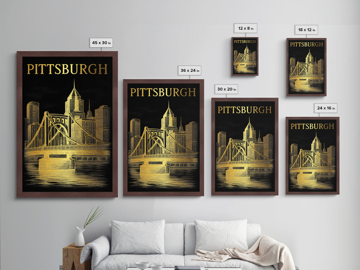 Pittsburgh Pennsylvania travel, Metallic Gold Print, Modern Skyline Wall Print, Metal Art, Wood Framed Art, Adventure Lover Gift
