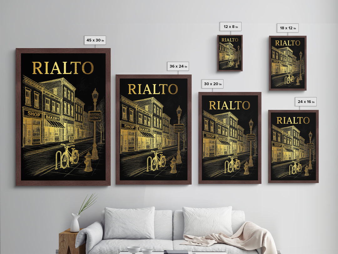 Rialto California travel, Metallic Gold Print, College Dorm Décor, Metal Art, Wood Framed Art, Graduation Travel Gift, Traveler Gift
