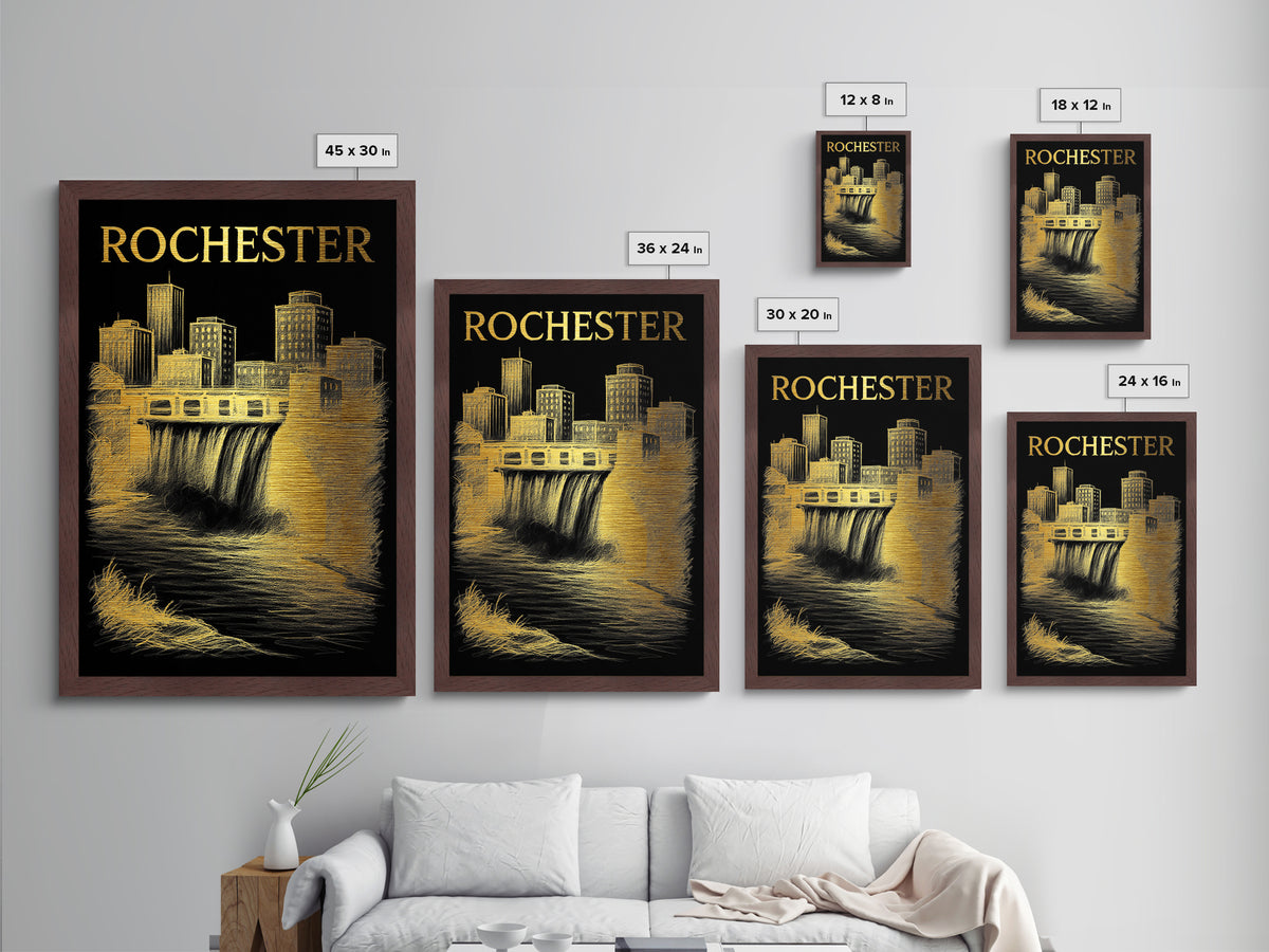 Rochester New York travel, Metallic Gold Print, Modern Skyline Wall Print, Metal Art, Wood Framed Art, Adventure Lover Gift, Travel Gift