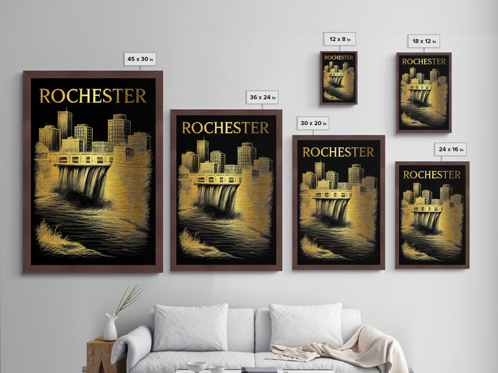 Rochester New York travel, Metallic Gold Print, Modern Skyline Wall Print, Metal Art, Wood Framed Art, Adventure Lover Gift, Travel Gift