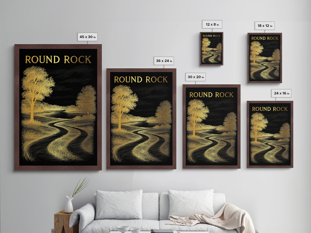 Round Rock Texas travel, Metallic Gold Print, College Dorm Décor, Metal Art, Wood Framed Art, Graduation Travel Gift, Traveler Gift