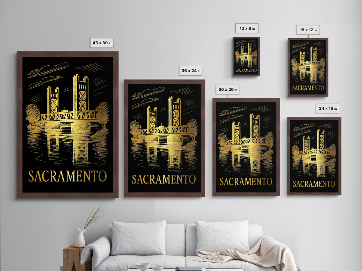 Sacramento California art, Metallic Gold Art, Housewarming Gift, Metal Art, Wood Framed Art, Newlywed Travel Gift, Honeymoon Gift