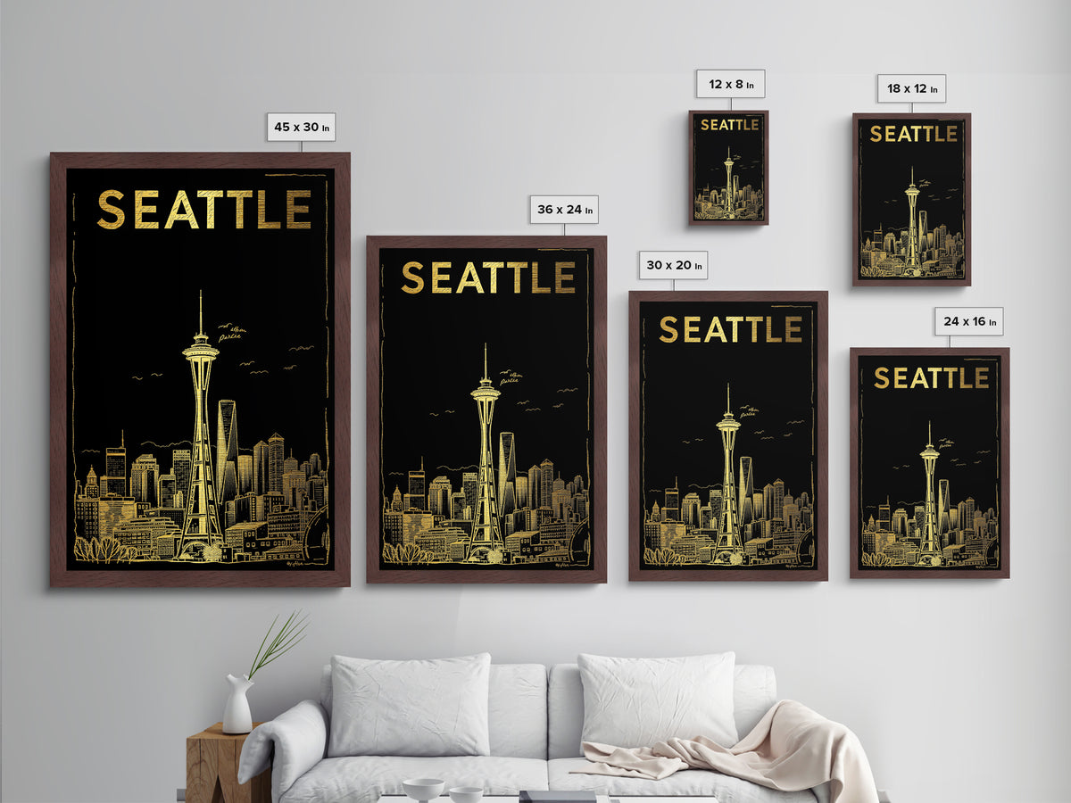 Seattle Washington travel, Metallic Gold Art, Housewarming Gift, Metal Art, Wood Framed Art, Newlywed Travel Gift, Honeymoon Gift