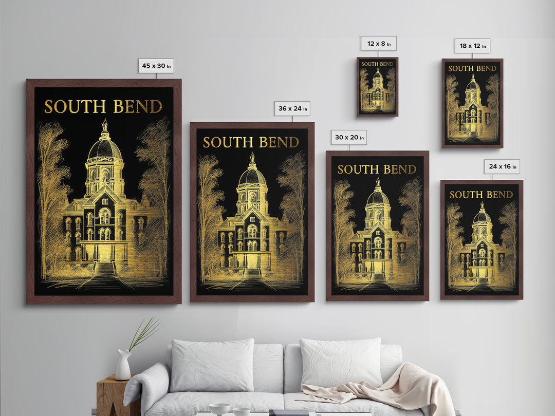 South Bend Indiana travel, Metallic Gold Print, Modern Skyline Wall Print, Metal Art, Wood Framed Art, Adventure Lover Gift, Travel Gift