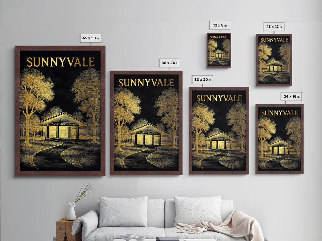 Sunnyvale California travel, Metallic Gold Print, Modern Skyline Wall Print, Metal Art, Wood Framed Art, Adventure Lover Gift, Travel Gift