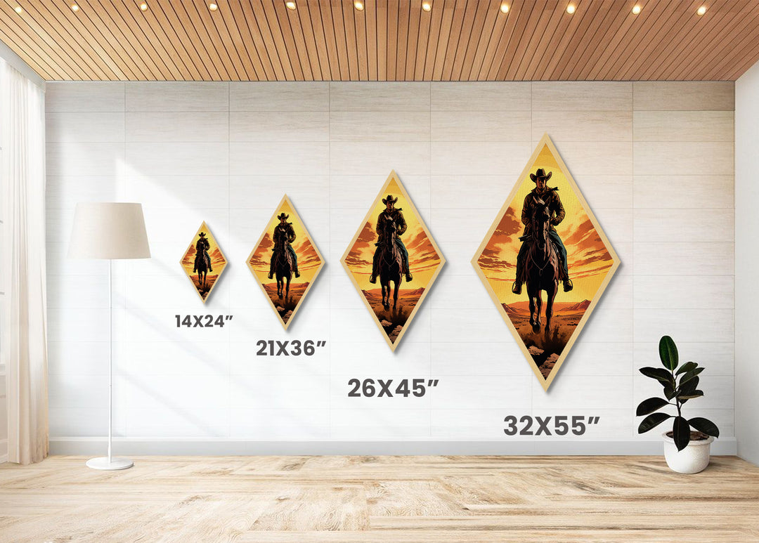 Bold Lone Cowboy Sunset Diamond Shaped Canvas Textured Print — Dramatic Western Rider Wall Art Country Rustic Ranch Home Decor