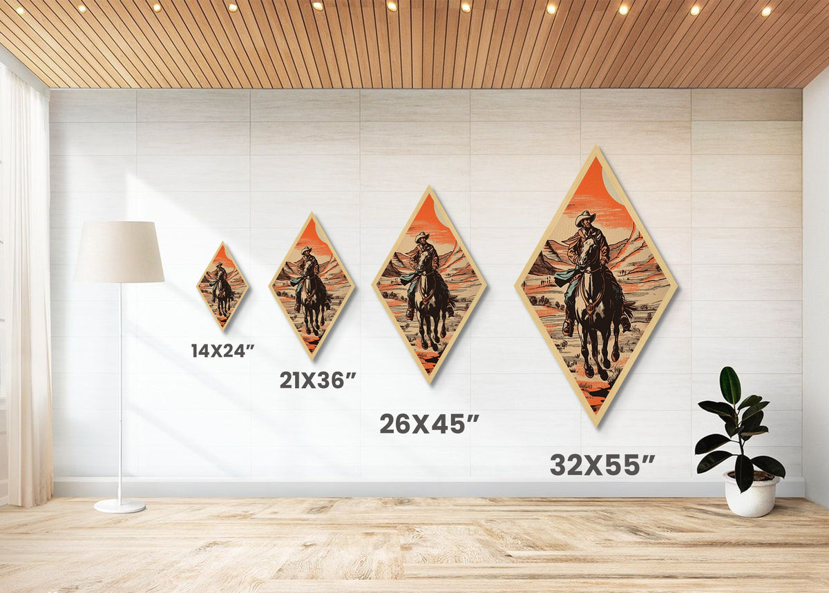 Scenic Cowboy Vista Trail Diamond Shaped Canvas Art Print — Desert Horse Rider Western Artwork Rustic Southwestern Wall Accent