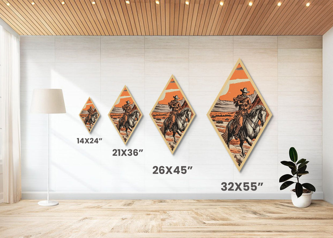 Cowboy Under Canyon Sun Diamond Shaped Canvas Embossed Print — Retro Western Wall Art Horseback Desert Scene Country Cabin Decor