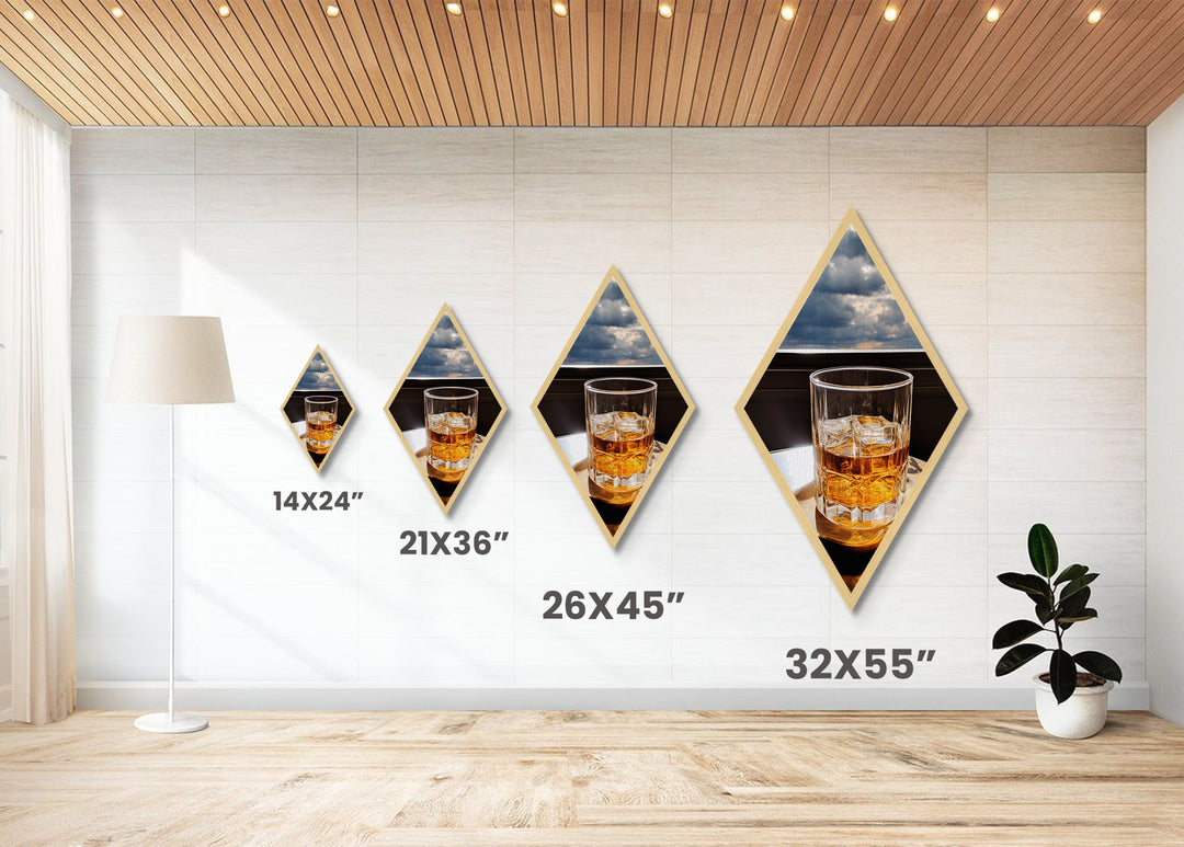 Golden Hour Whiskey – Diamond Shaped Canvas Art Print Dramatic Window Bar Decor, Modern Whiskey Glass Wall Art, Sophisticated Drink Vibe