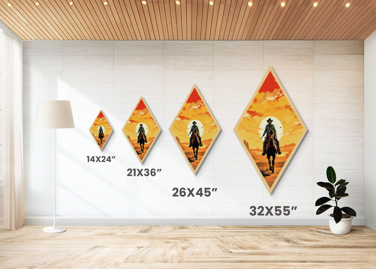 Retro Cowboy Mountain Range Diamond Shaped Canvas Embossed Print — Southwestern Western Wall Art Desert Ride Rustic Decor Scene