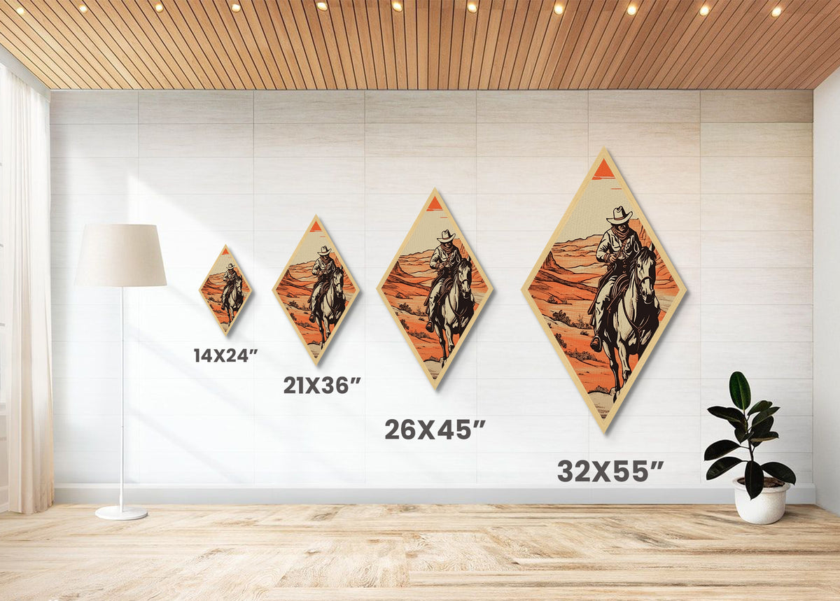 Sunset Frontier Ride Diamond Shaped Western Wall Decor Canvas Embossed Print with Cowboy Art Southwest Home Rustic Horseback Desert Scene