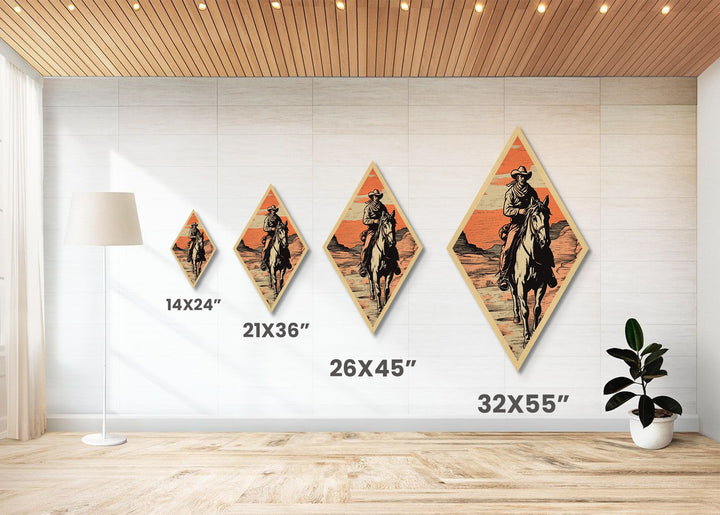 Western Trail Journey Diamond Shaped Cowboy Wall Art Canvas Textured Print Rustic Horse Rider Illustration Desert Sunset Decor