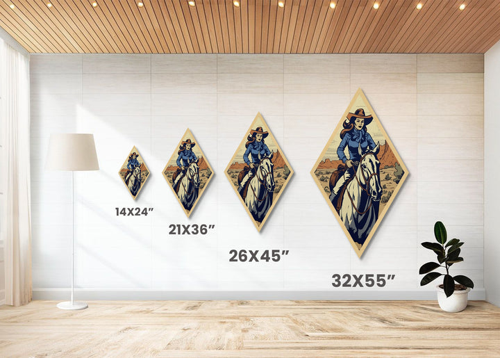 Rugged Cowgirl Charm Diamond Shaped Desert Wall Art Canvas Embossed Print Retro Western Female Horse Rider Blue Outfit Cowboy Style