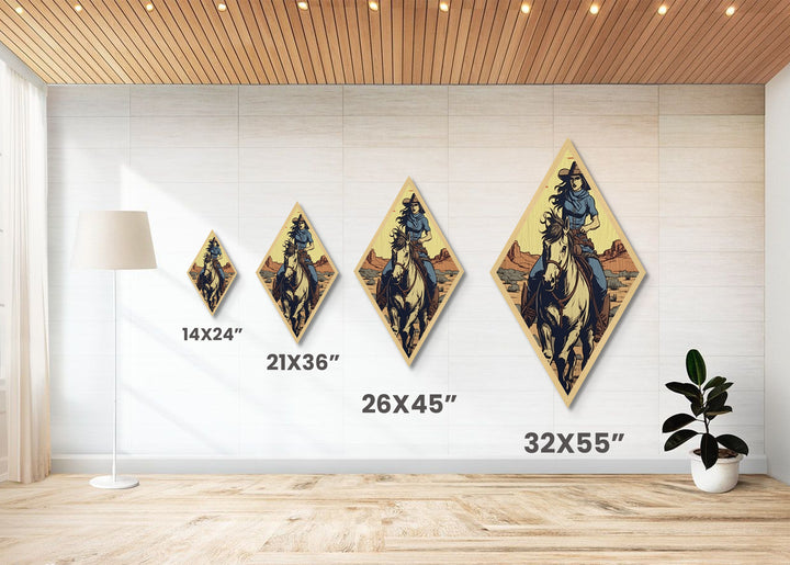 Cowgirl Desert Rider Diamond Shaped Western Wall Decor Canvas Embossed Print Retro Horseback Woman Artwork Rustic Country Living