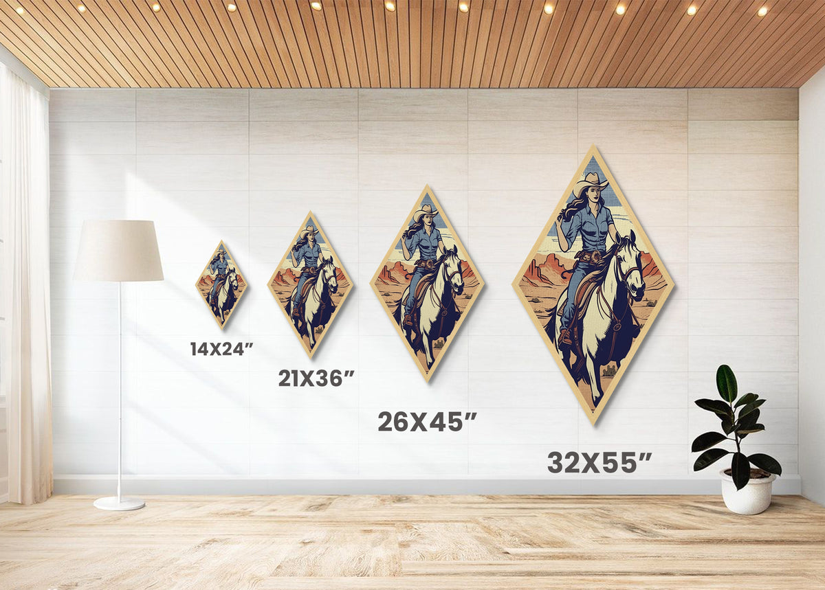 Cowgirl Canyon Ride Diamond Shaped Horseback Art Print Canvas Textured Print Retro Western Style Ranch Decor with Female Rider