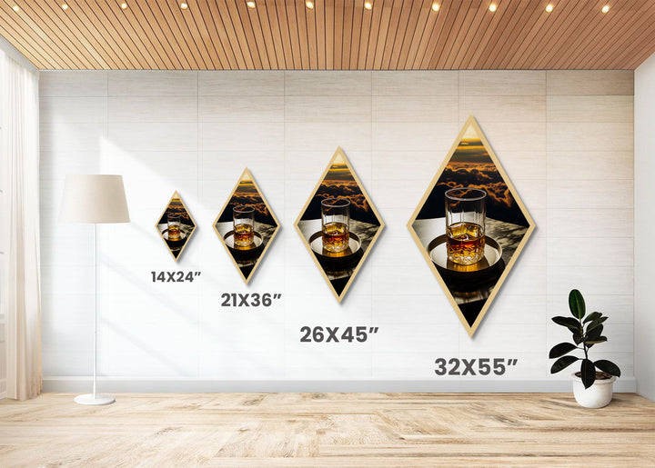 Sunset Sky Whiskey – Diamond Shaped Canvas Textured Print Luxury Cocktail Art, Golden Hour Bar Decor, Romantic Spirits Lounge Artwork