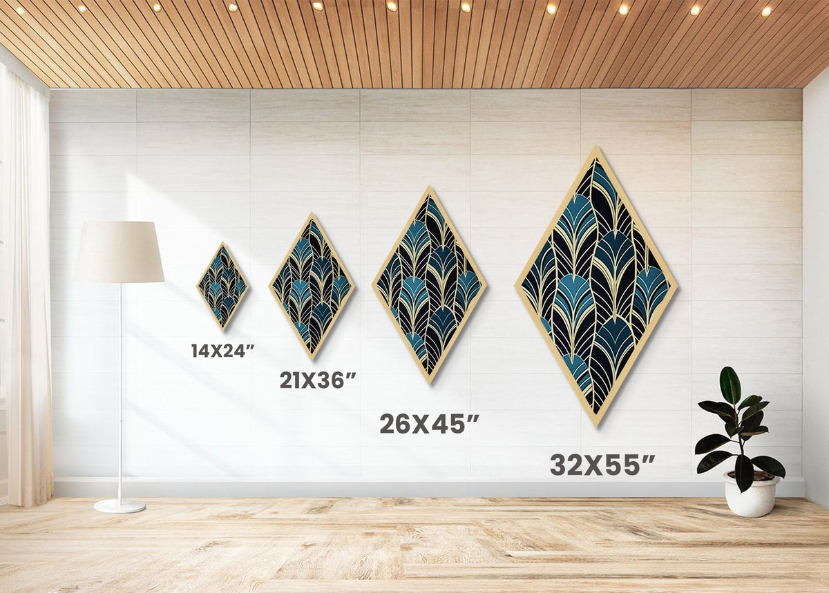 Teal Deco Leaves – Diamond Shaped Canvas Embossed Print Art Deco Wall Decor, Gold Foil Style, Geometric Pattern, Modern Glam Botanical Print