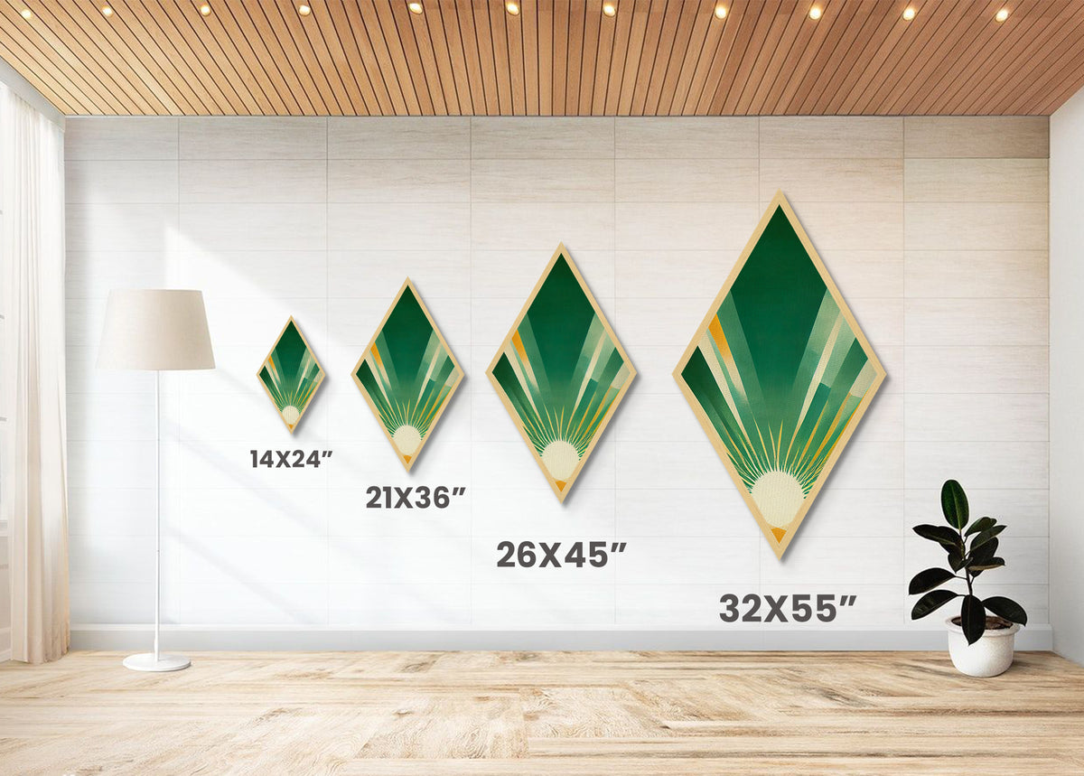 Greenburst Radiance – Diamond Shaped Retro Sunbeam Abstract Canvas Embossed Print, Mid Century Modern Art, Minimal Geometric Wall Decor