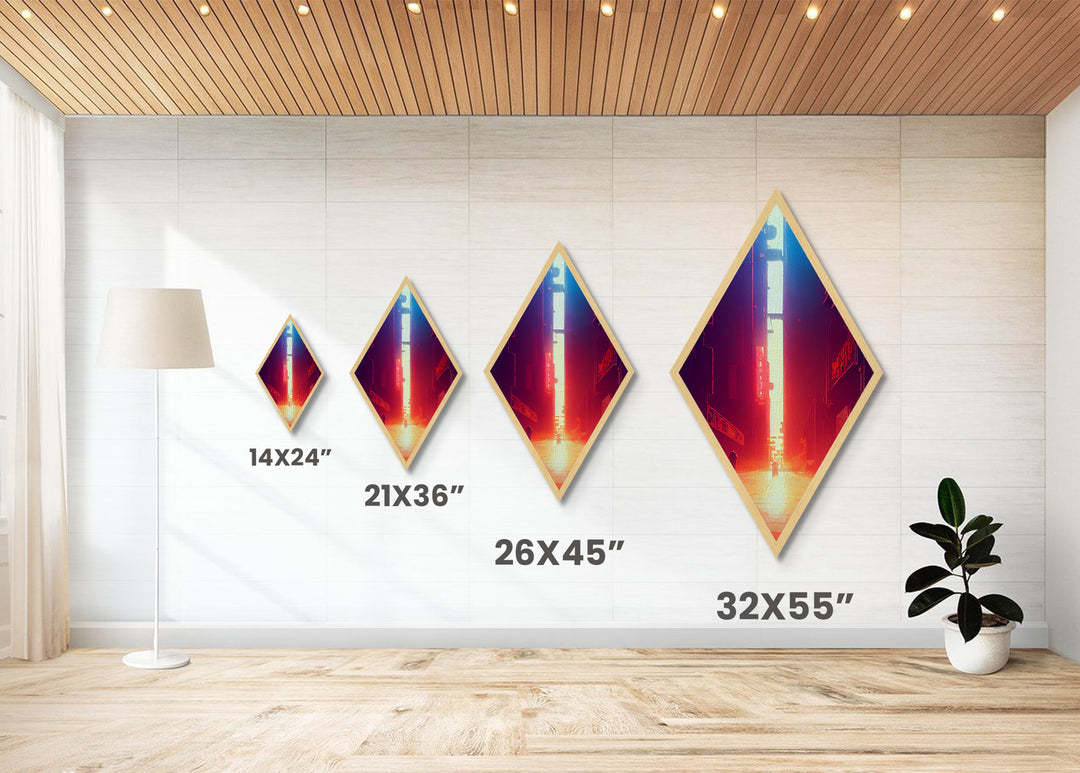 Neon Alley Escape Diamond Shaped Cyberpunk Cityscape Glow Canvas Art Print Gamer Room Sci-Fi Urban Futuristic Hallway Accent