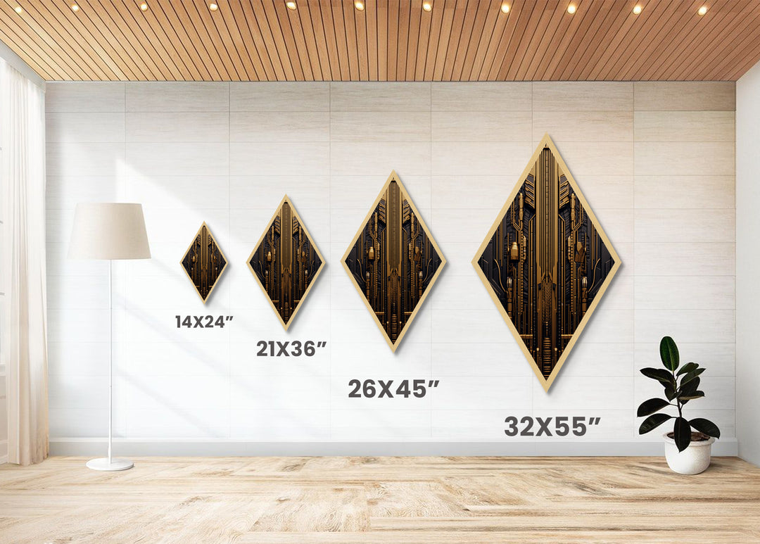 Cyber Gold Machine – Diamond Shaped Canvas Embossed Print Futuristic Wall Art, Sci-Fi Circuit Board Decor, Tech Industrial Steampunk Vibe