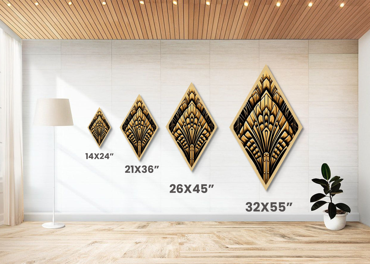 Deco Gold Fanburst – Diamond Shaped Canvas Textured Print Art Deco Wall Decor, Bold Glamorous Geometric Gold Pattern, Great Gatsby Accent
