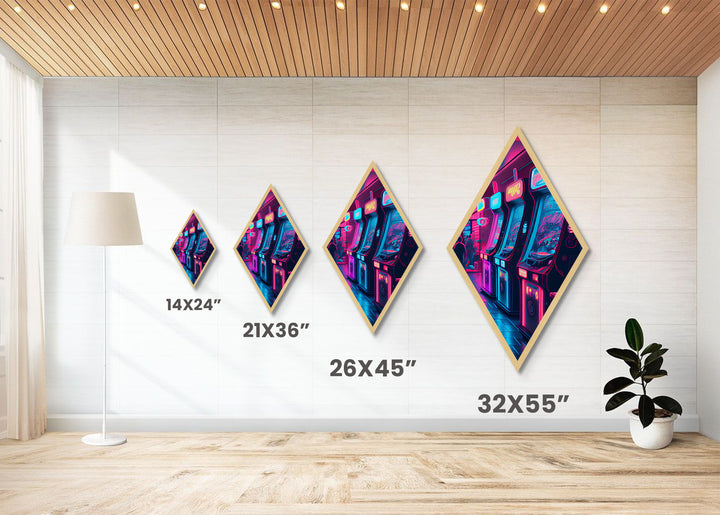 Neon Arcade Lights Diamond Shaped Canvas Textured Print, Retro Gaming Room Wall Art, Vaporwave Decor Gamer Gift Print