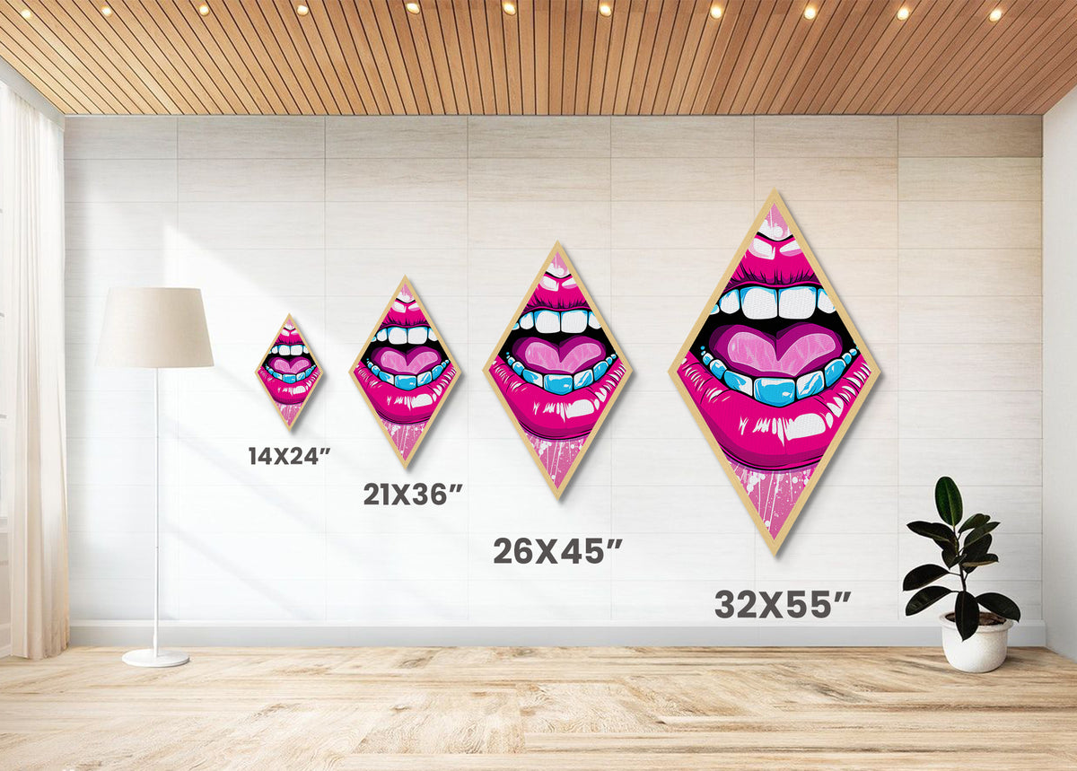 Pop Lips with Heart Tongue – Canvas Embossed Print Bold Urban Wall Art, Neon Aesthetic, Diamond Decor, Graphic Modern Home Accent