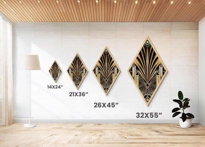 Diamond Shaped Art Deco Wall Art | Framed Canvas Textured Art Print | Gold & Green Art | Midcentury Modern | Office Decor