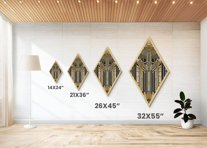 Empire Art Deco – Diamond Shaped Canvas Textured Print with golden structural symmetry, skyscraper inspired vertical abstract vintage glam