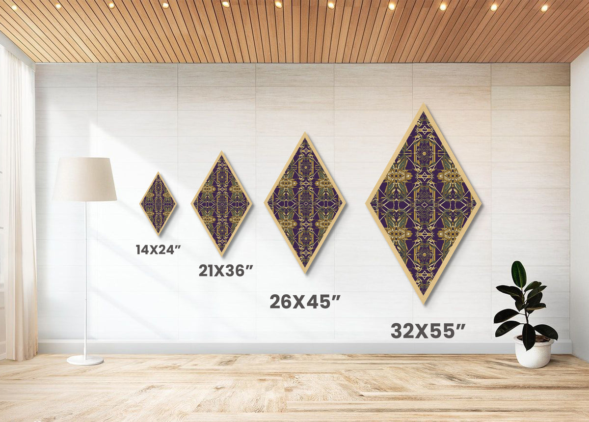 Royal Deco Mirage – Diamond Shaped Canvas Textured Print with purple gold repeating motif, symmetrical kaleidoscope retro wall pattern