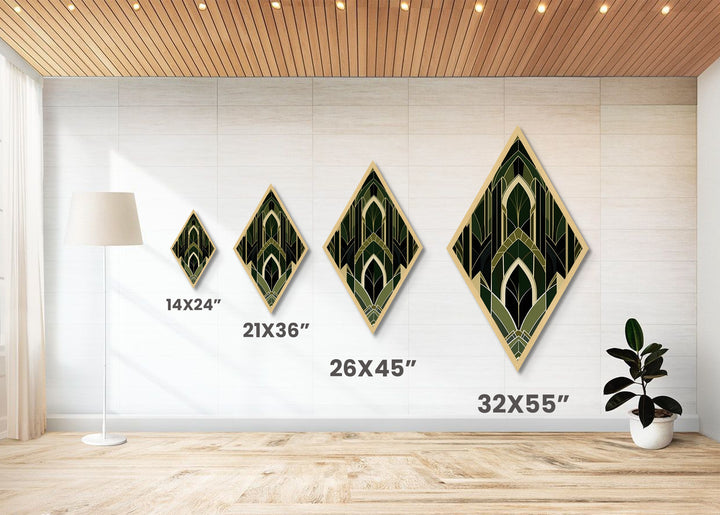 Forest Cathedral Deco – Diamond Shaped Canvas Art Print in deep green and gold, gothic geometric elegance with ornate symmetrical style