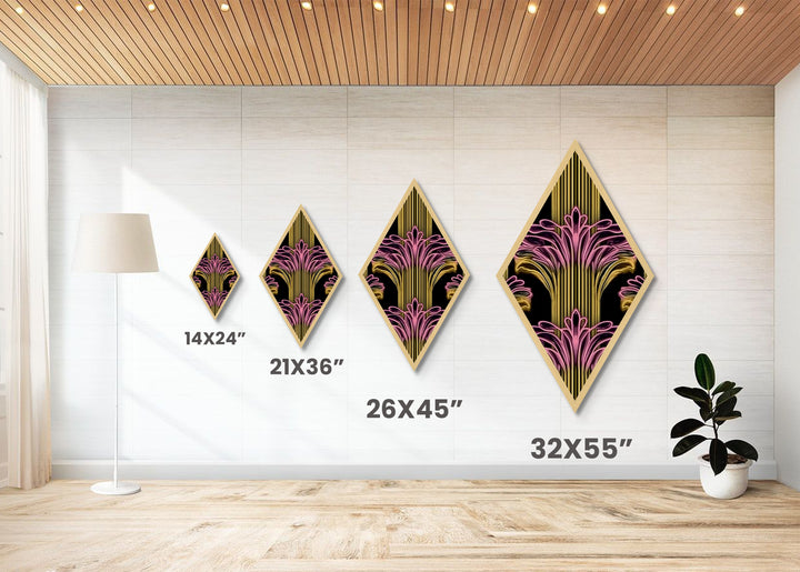 Deco Bloom Burst Diamond Shaped Canvas Textured Print, Retro Pink and Gold Wall Art, Art Deco Botanical Fan Accent Home Decor