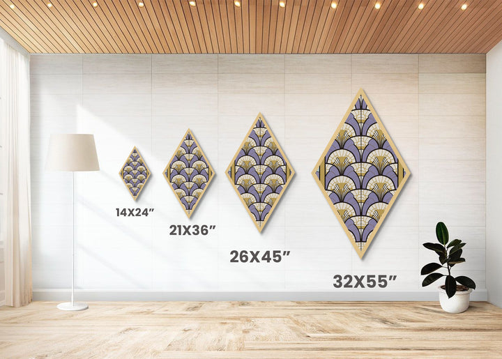 Lavender Deco Layers Diamond Shaped Canvas Textured Print, Art Nouveau Fan Motif, Pastel Pattern Geometric Wall Accent