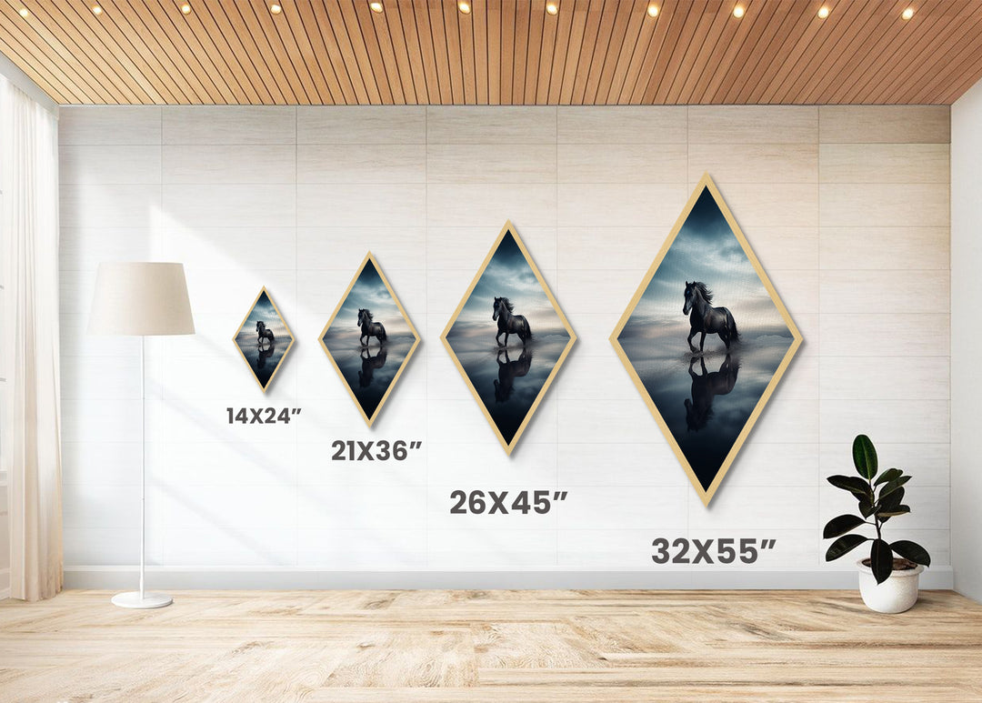 Midnight Stallion Run Diamond Shaped Canvas Textured Print, Majestic Black Horse Fine Art, Equine Spirit Desert Reflection