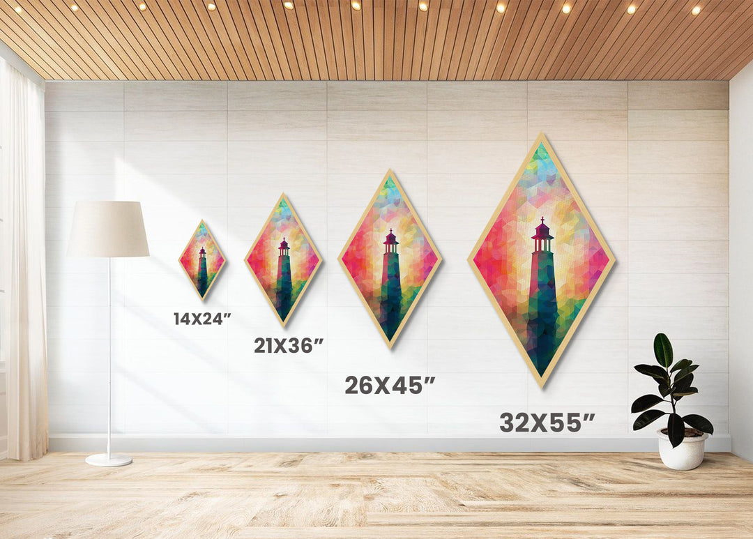 Prism Glow Lighthouse Diamond Shaped Canvas Embossed Print, Geometric Pastel Coastal Art, Modern Rainbow Nautical Scene