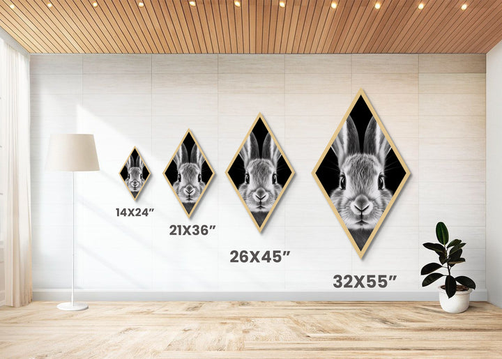 Curious Bunny Face Diamond Shaped Canvas Textured Print, Black and White Rabbit Animal Art, Minimalist Pet Lover Wall Decor