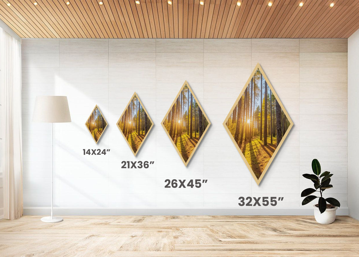Morning Sunlight Pines Diamond Shaped Canvas Art Print, Nature Photography Wall Decor, Golden Forest Glow Landscape Artwork