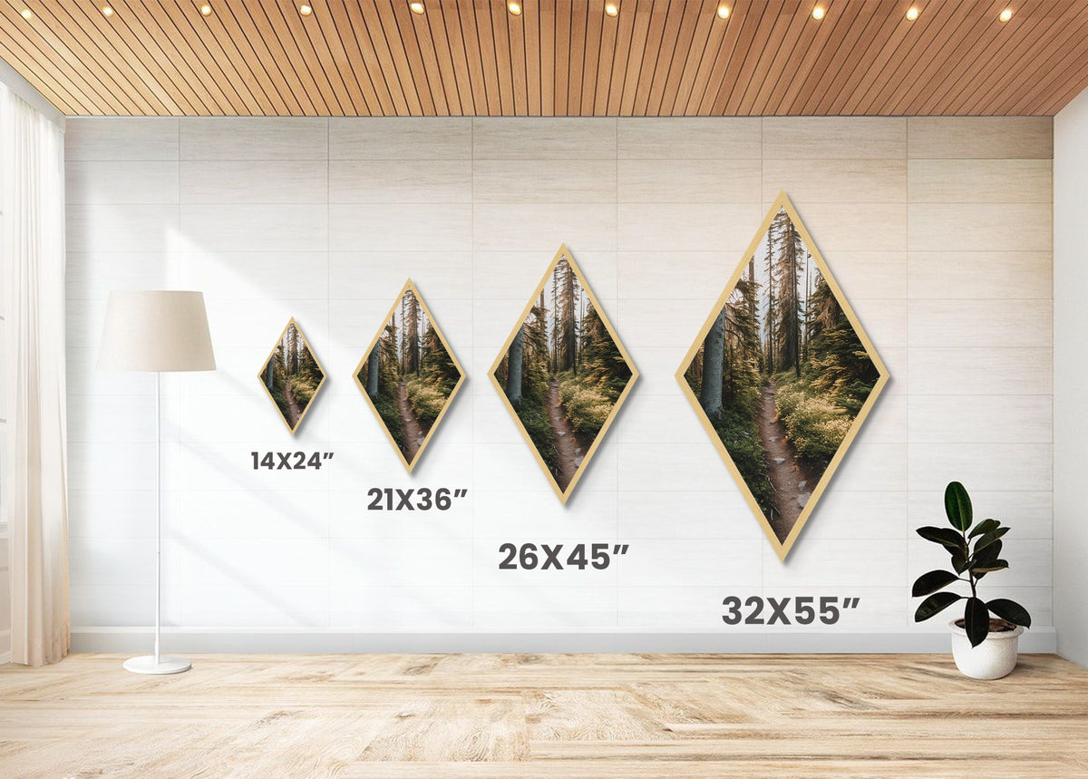 Forest Pathway Trail Diamond Shaped Canvas Textured Print, Serene Woodland Hike Decor, Earthy Green Landscape Art Print