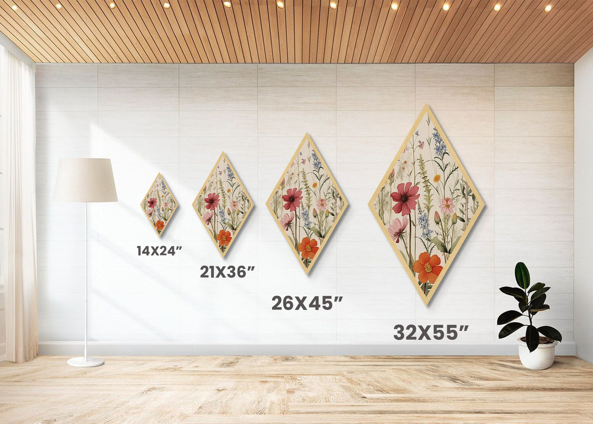 Orange and Blue Wildflowers Diamond Shaped Canvas Embossed Print, Garden Botanical Print, Rustic Floral Nature Artwork