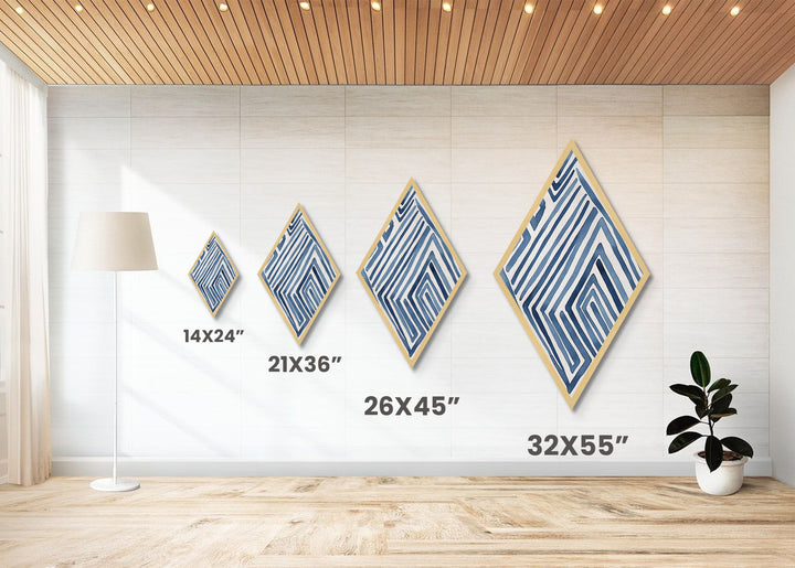 Ocean Maze Lines Diamond Shaped Blue Abstract Minimalist Canvas Embossed Print Modern Wall Decor Contemporary Geometric Accent